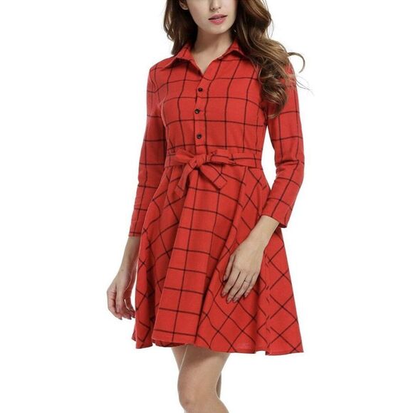 Zeagoo Women ¾ Sleeve Plaid Belted Casual Swimg Shirt Dress Small Red - Picture 1 of 7